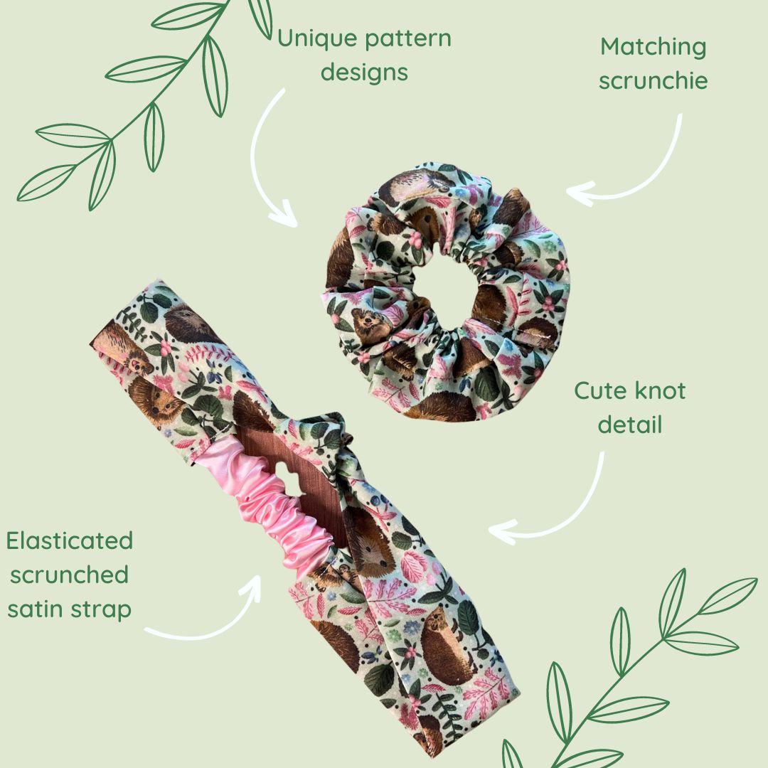 Hedgehog-themed headband and scrunchie set, ideal for nature lovers and adding a touch of whimsy to your makeup routine.