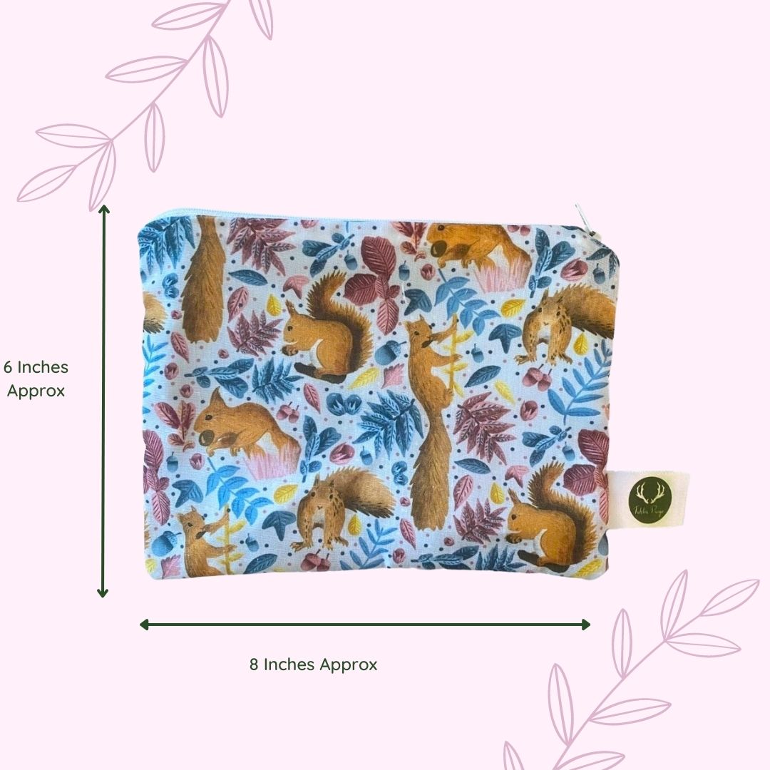 A great red squirrel gift, this image shows the size of the red squirrel storage pouch, which is a great storage bag for makeup in the handbag.