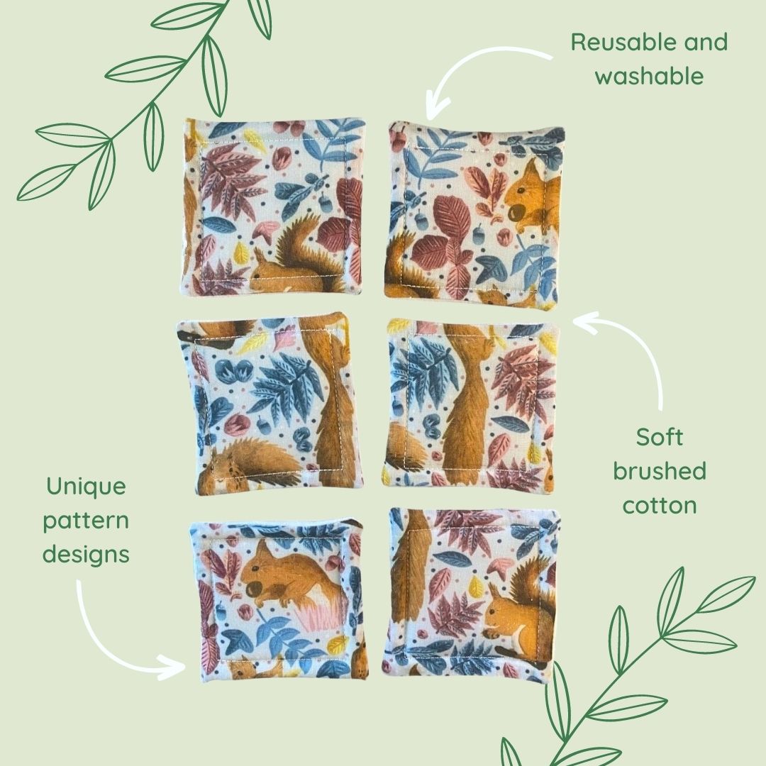 Red squirrel-themed reusable cotton pads, an affordable gift under £5 for nature lovers