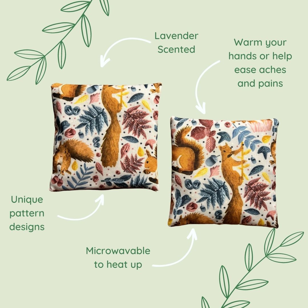 features of the lavender-scented cute hand warmers, ideal as a red squirrel gift and ideal for those who suffer with cold hand pain in the cold winter months.