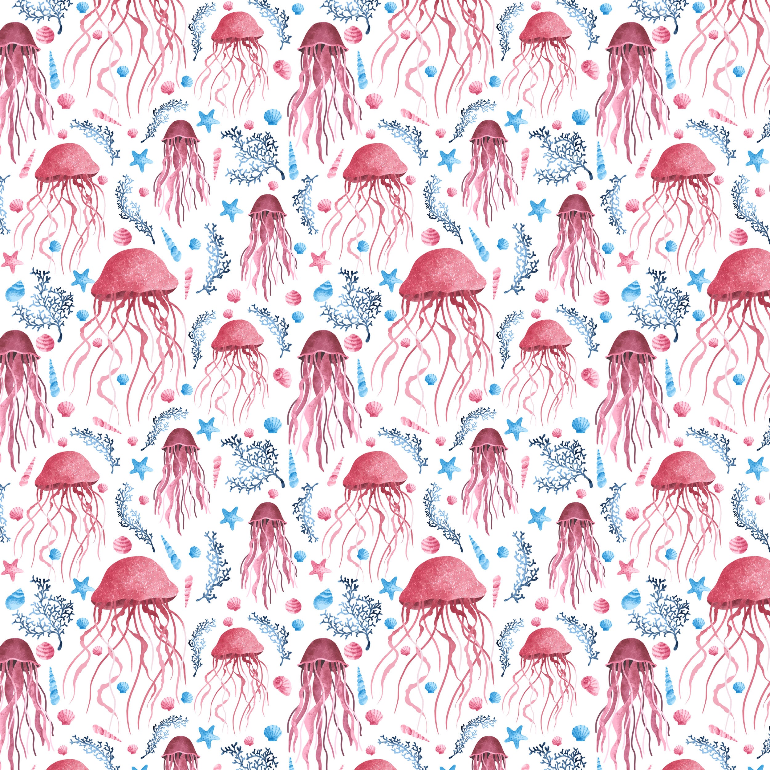 jellyfish seamless repeat design on white background with pink jellyfish and blue coral and shells