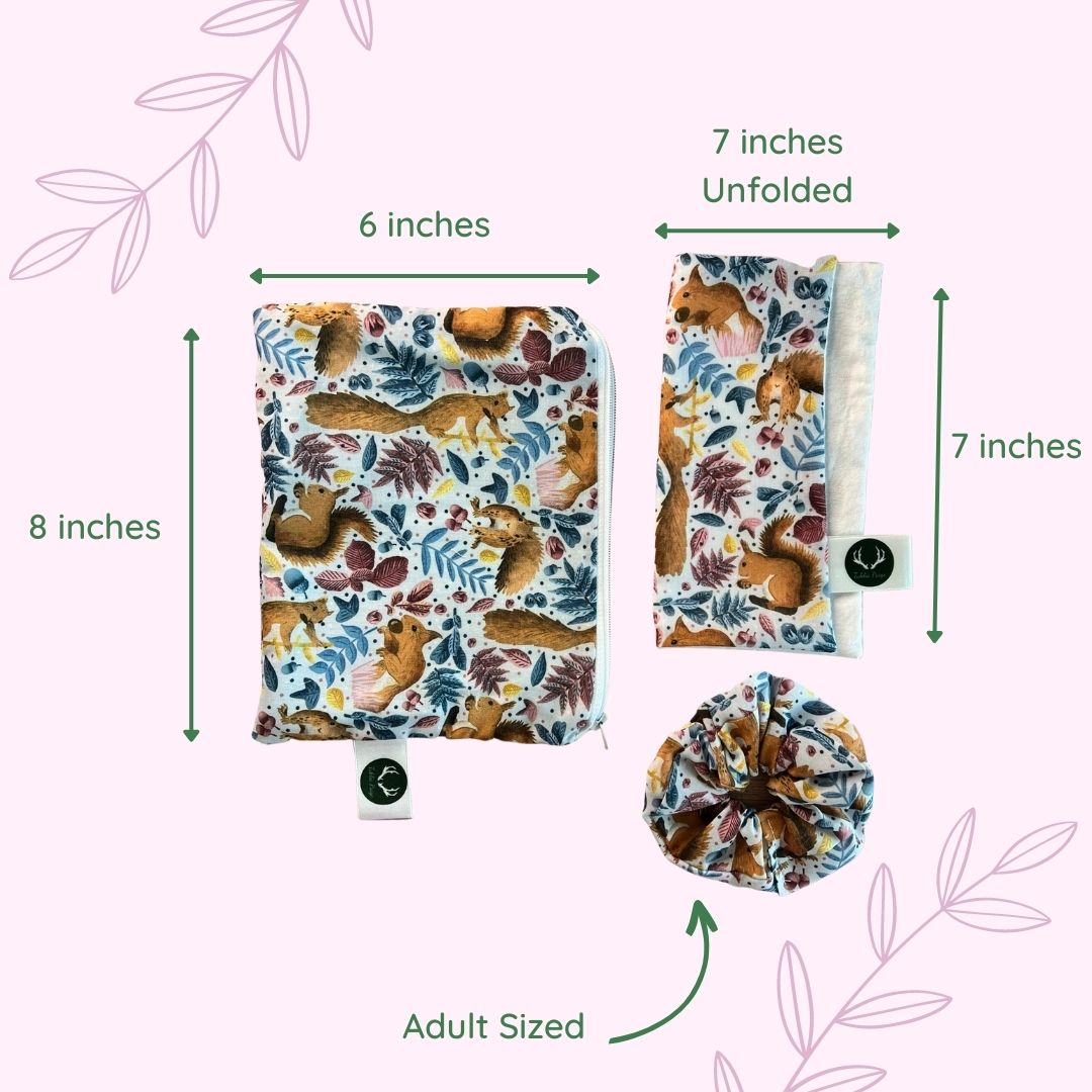 Nature lover's dream: red squirrel gift set featuring fabric handmade gifts with a cozy cottagecore vibe.