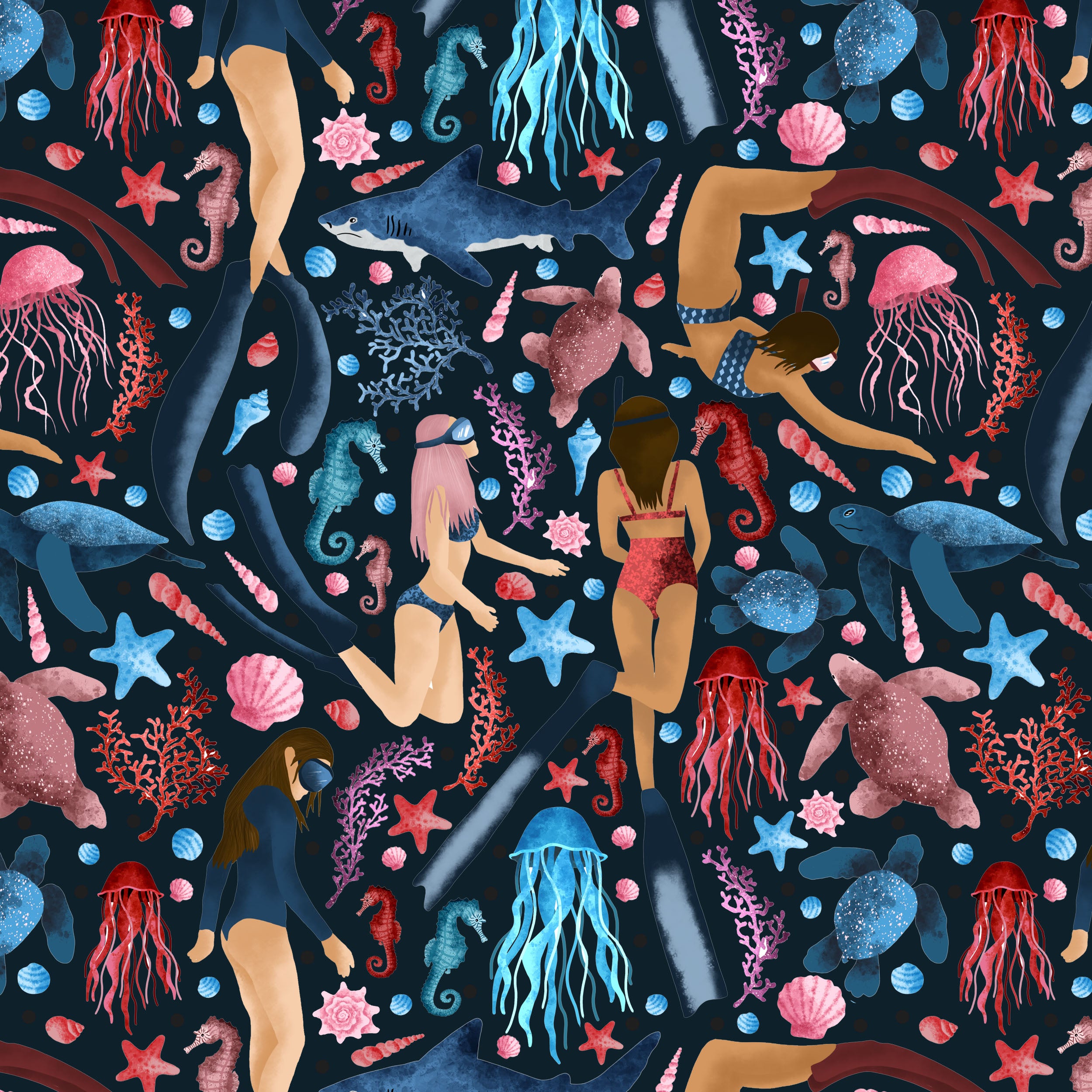 scuba girls pattern in dark, seamless repeat with underwater creatures