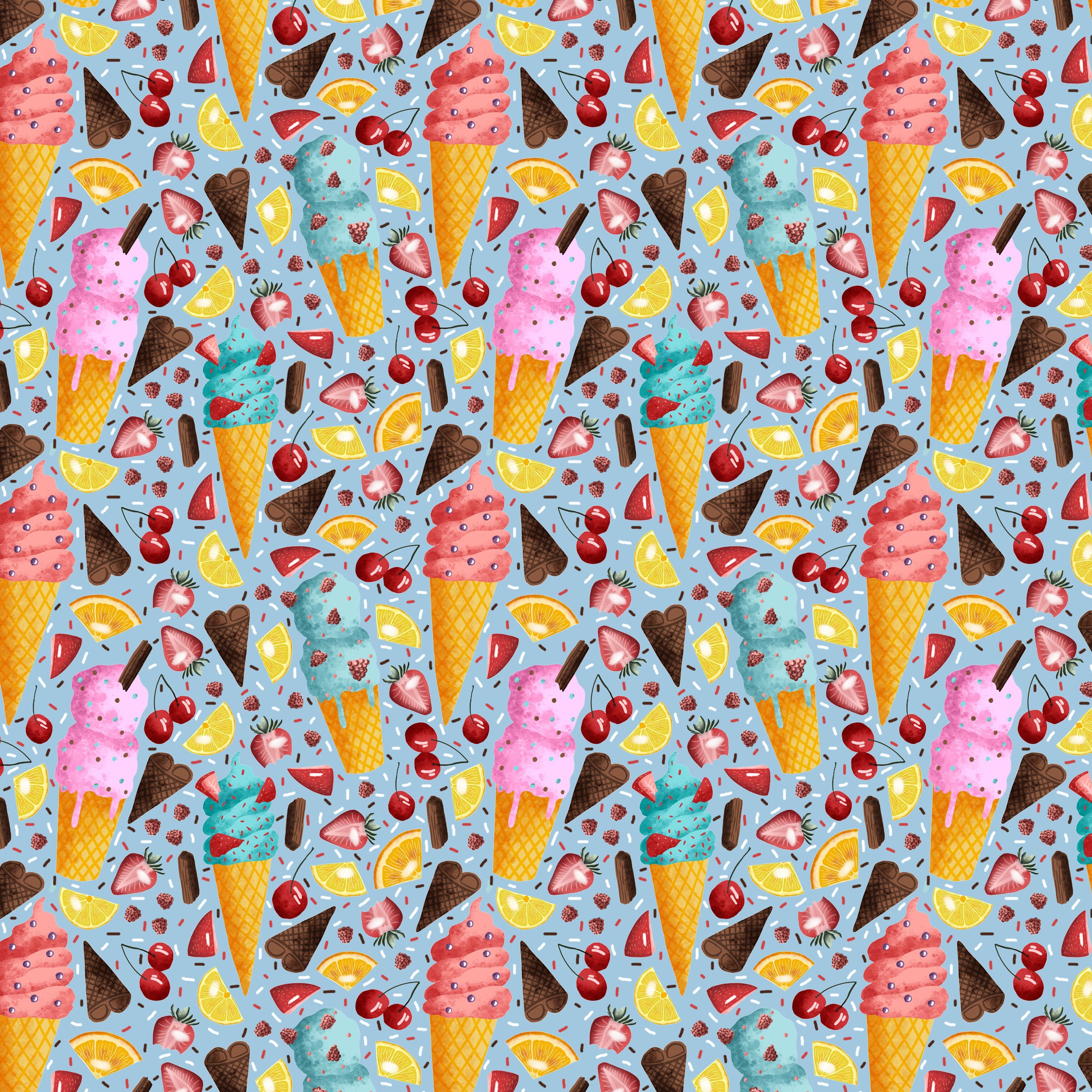 busy surface pattern design of ice creams and fruits