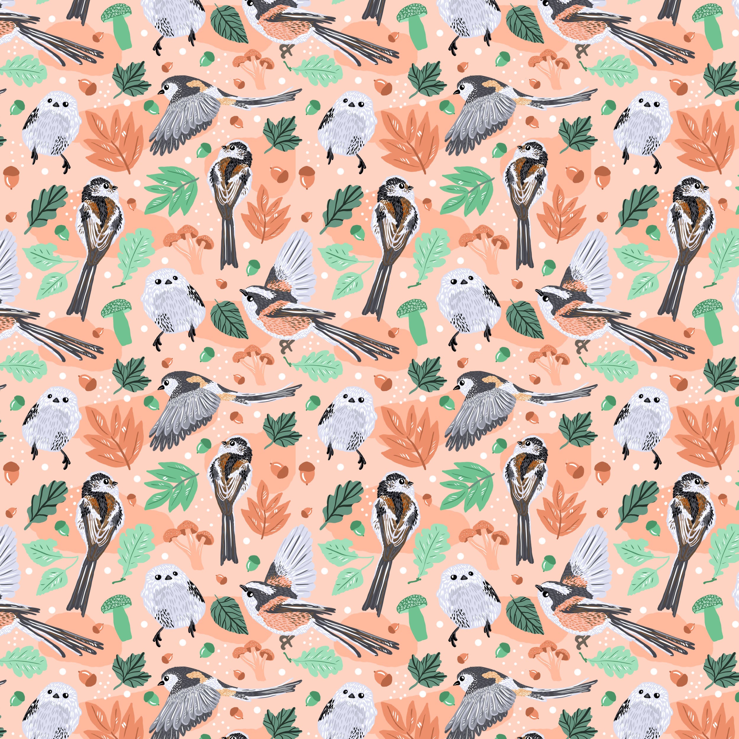 long tailed tit surface pattern design by Tahlia Paige