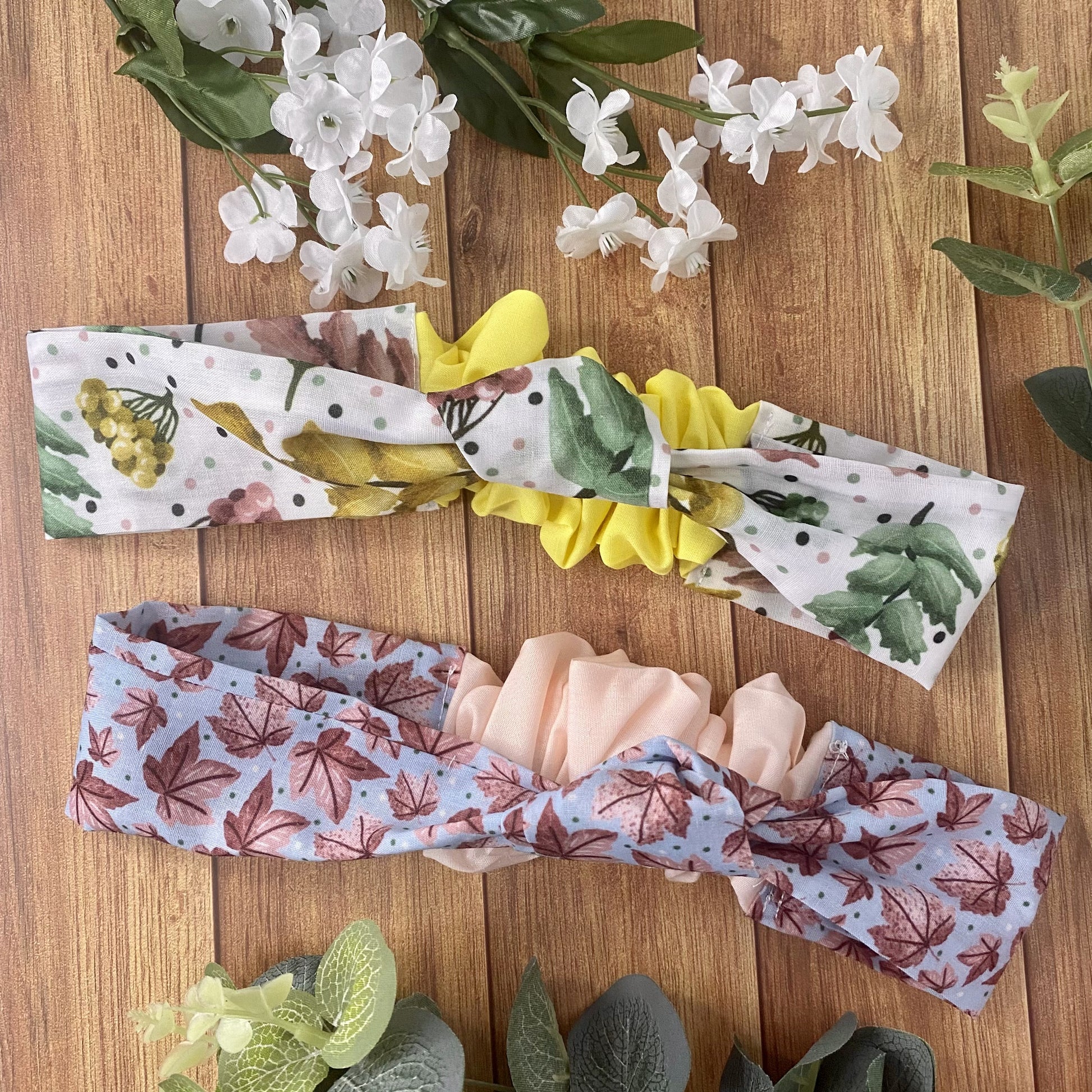 set of two headbands foliage leaf patterns cute giftset blue pink green white yellow colour scheme