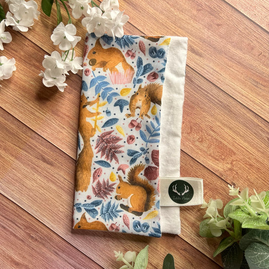 Red squirrel face cloth, perfect for eco friendly presents UK and handmade crafts for gifts.