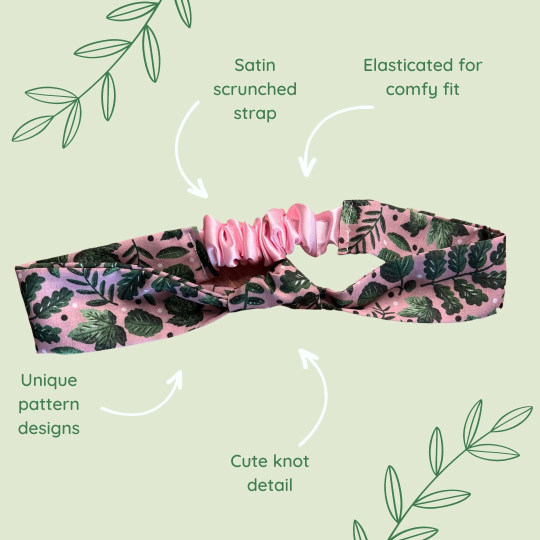 features of the green foliage headband with the green and pink pattern. Shop these gifts just because for her for the ideal present.