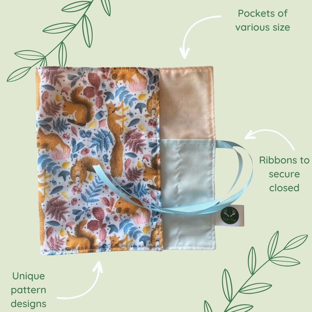 features of the red squirrel brush roll with blue ribbon