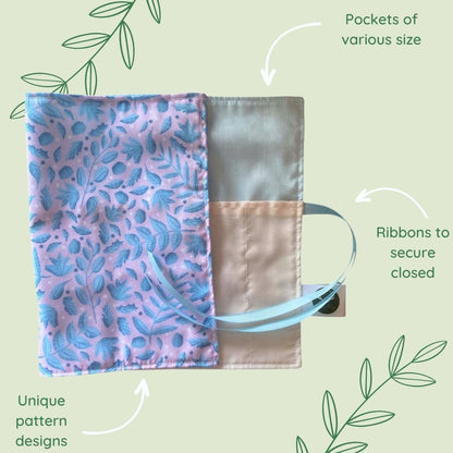keep makeup brushes safe on your travels with this brush roll, which has a blue ribbon and inner pockets for easy storage of brushes