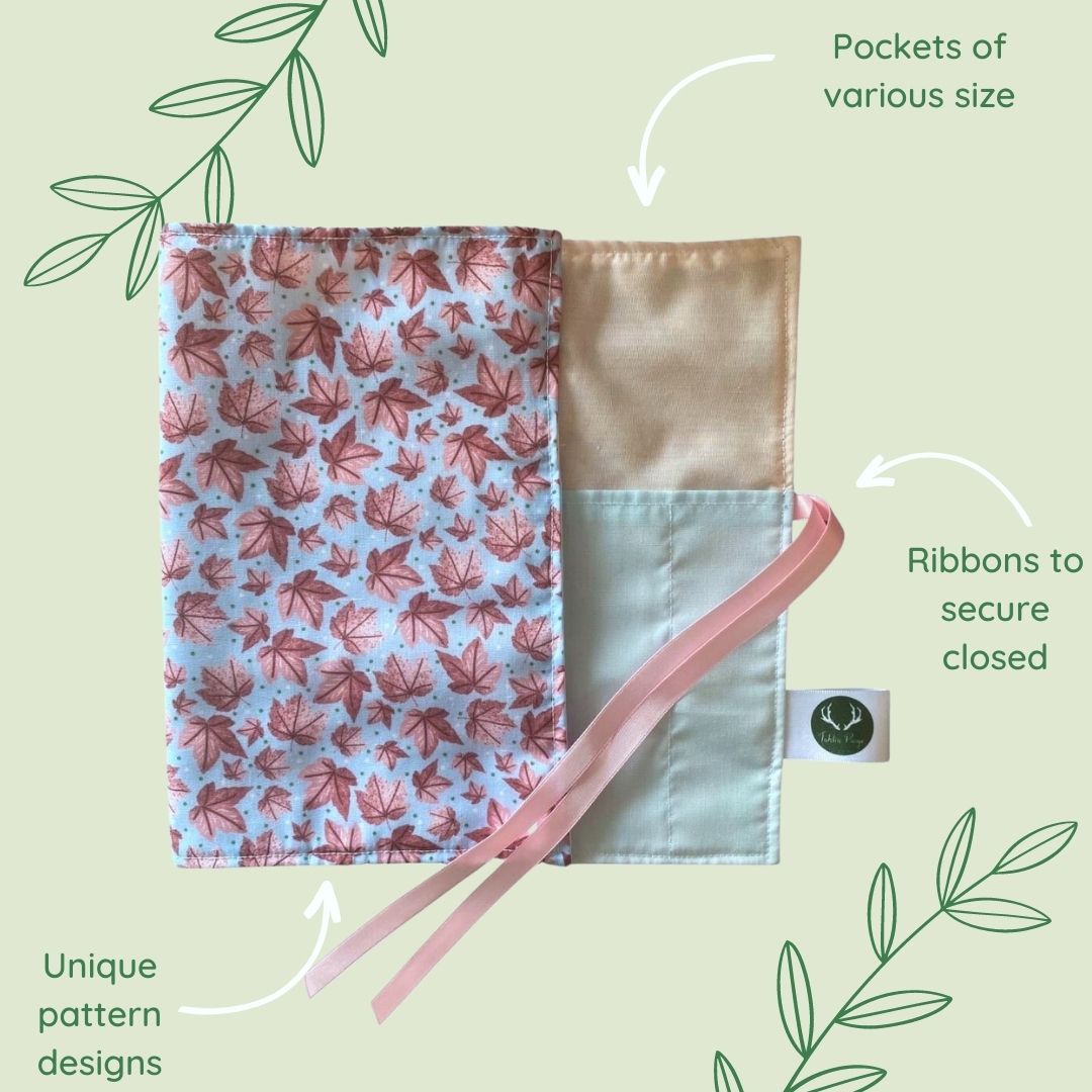 Pink Leafy Brush Wrap that opens flat to add paintbrushes for safe travel by Tahlia Paige