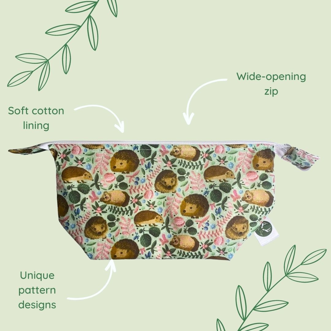 Close-up of a charming hedgehog makeup bag, ideal as a skincare bag and unique gift idea