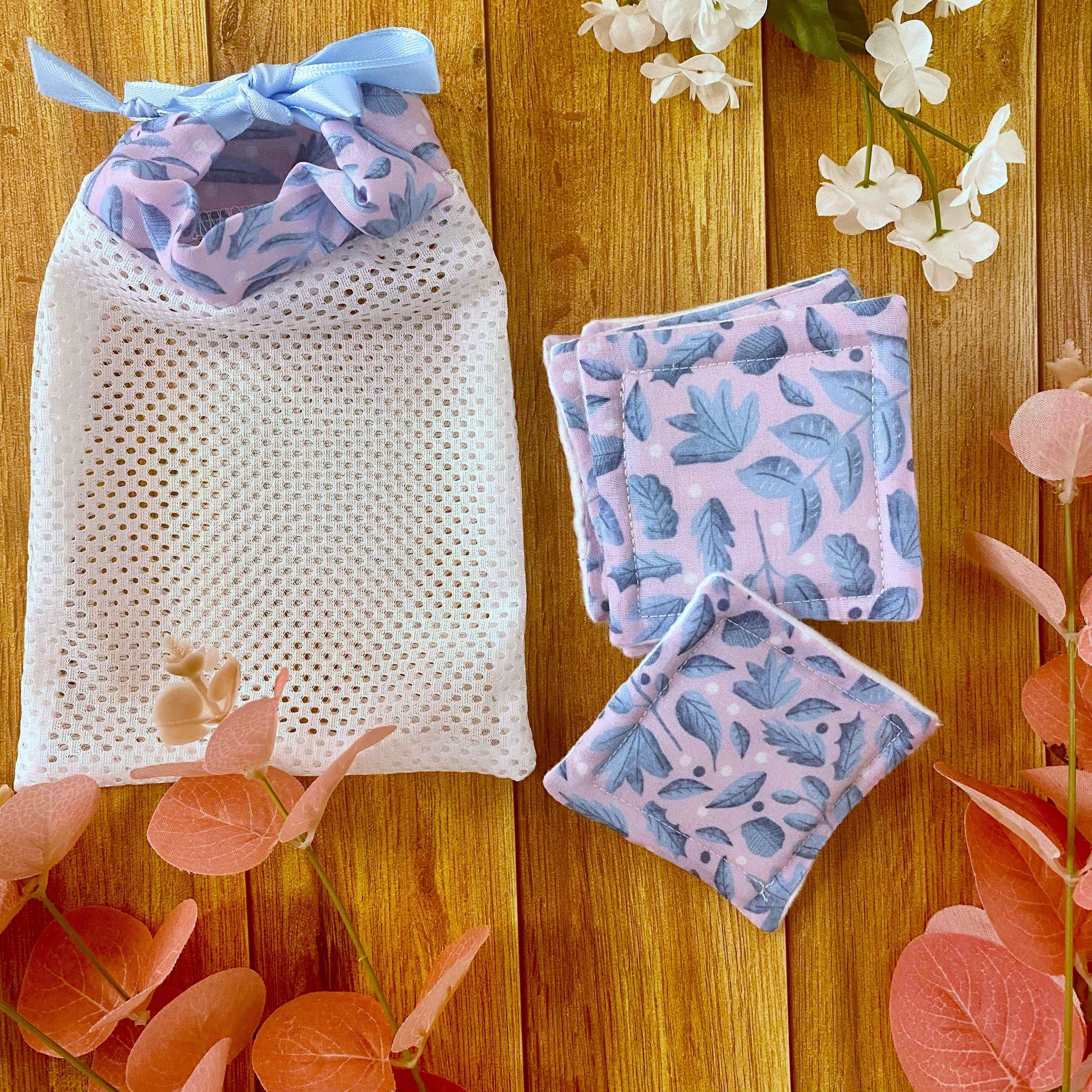 reusable skincare pads and washbag set with the blue foliage surface pattern design  on it