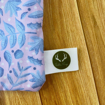 closeup of blue leaf storage pouch as an ideal gift for a nature lover, or a woman who is difficult to buy for