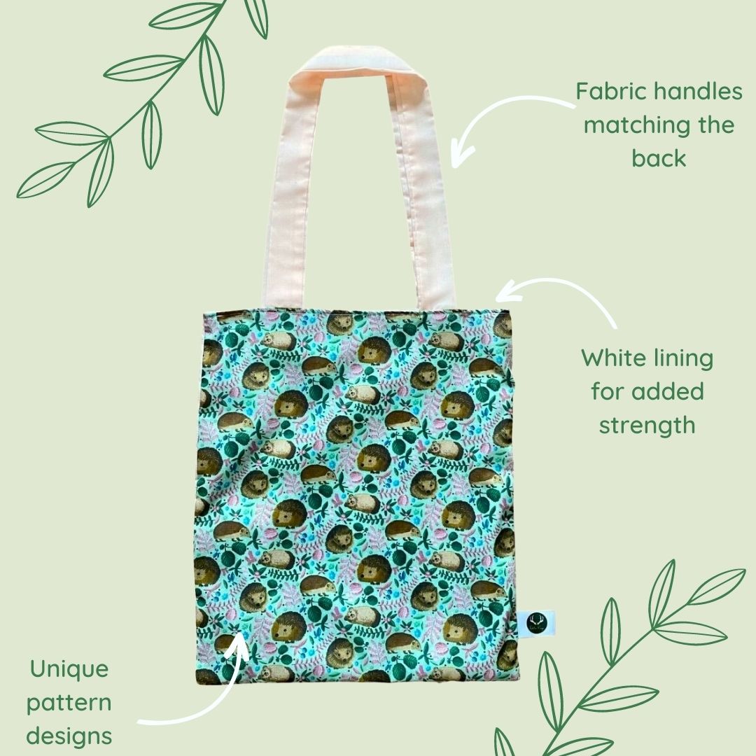 Close-up of a hedgehog design tote bag, perfect for university use, folding shopping bag, and wildlife lover gifts