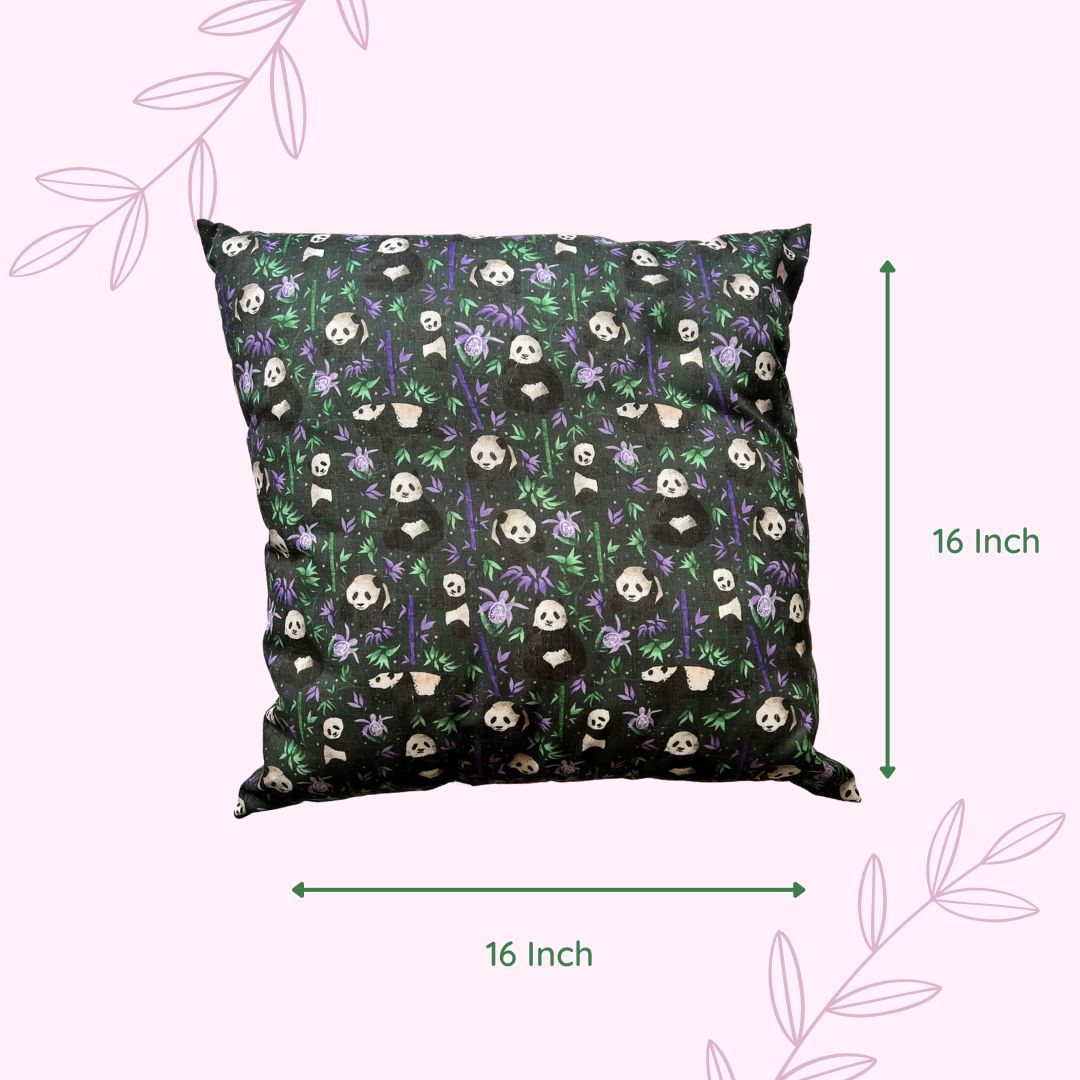 dimensions of the panda decorative cushion for a sofa, the best gifts for panda lovers with a lovely panda surface pattern design in a dark purple and green