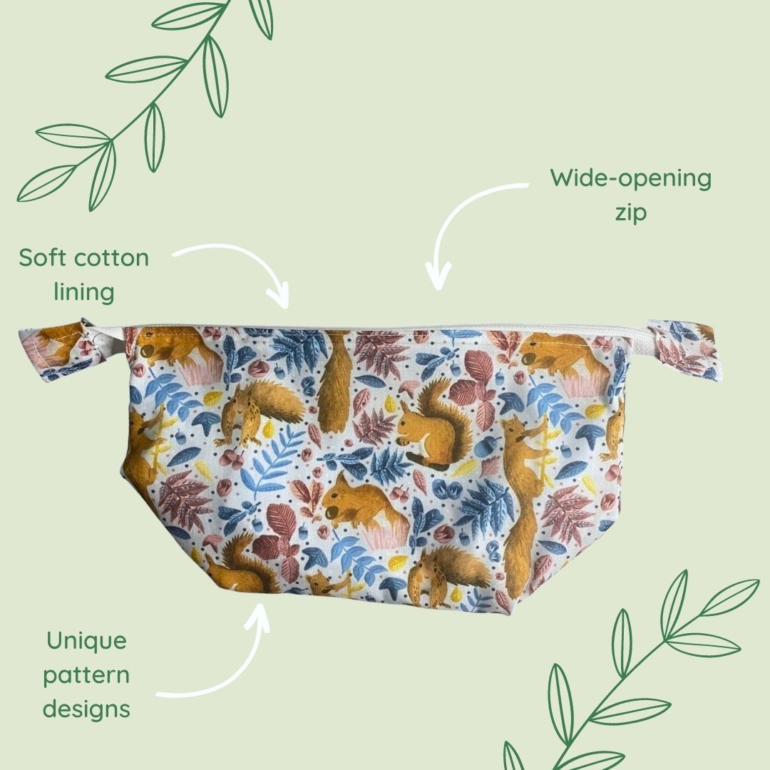 Red squirrel-themed makeup bag, perfect for women who love nature and unique textile gifts.