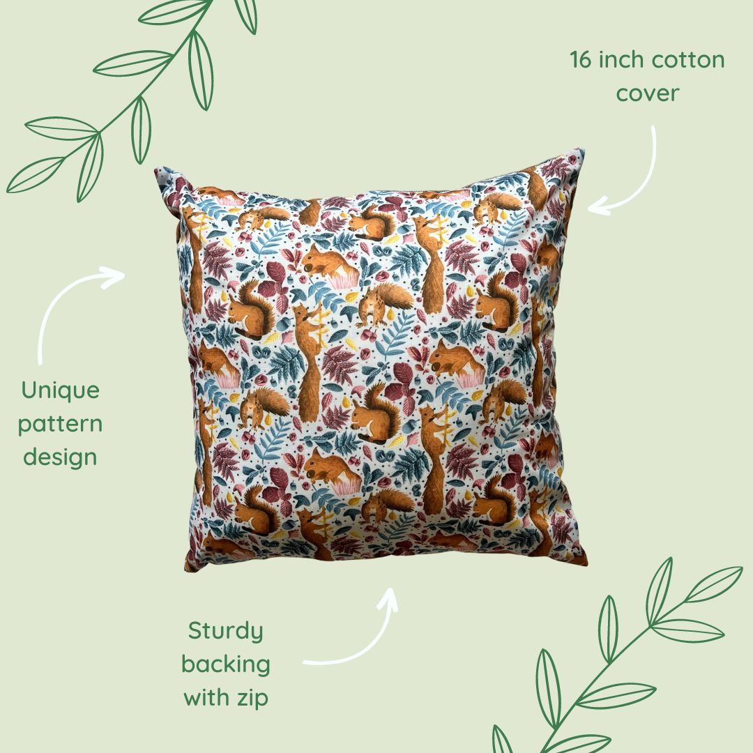 features of the red squirrel decorative cushion for a sofa, a great squirrel gift idea