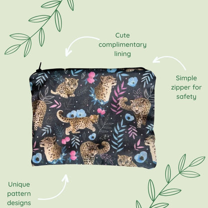 features of the snow leopard storage pouch, ideal as a snow leopard gift idea and an ideal gift for your girlfriend.