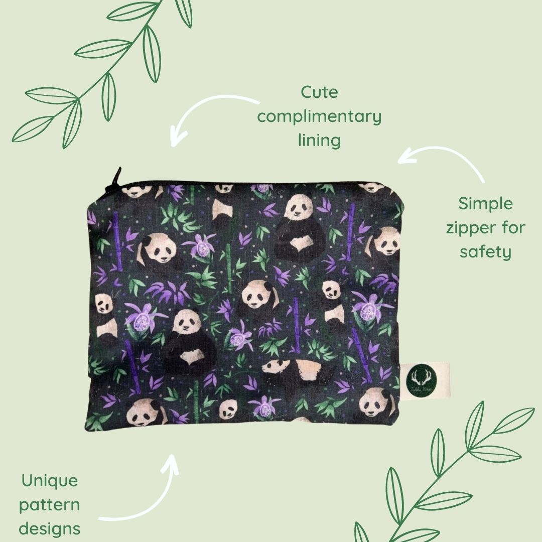 The features of a panda storage pouch include a unique pattern design, a cute lining and a simple zipper for storage