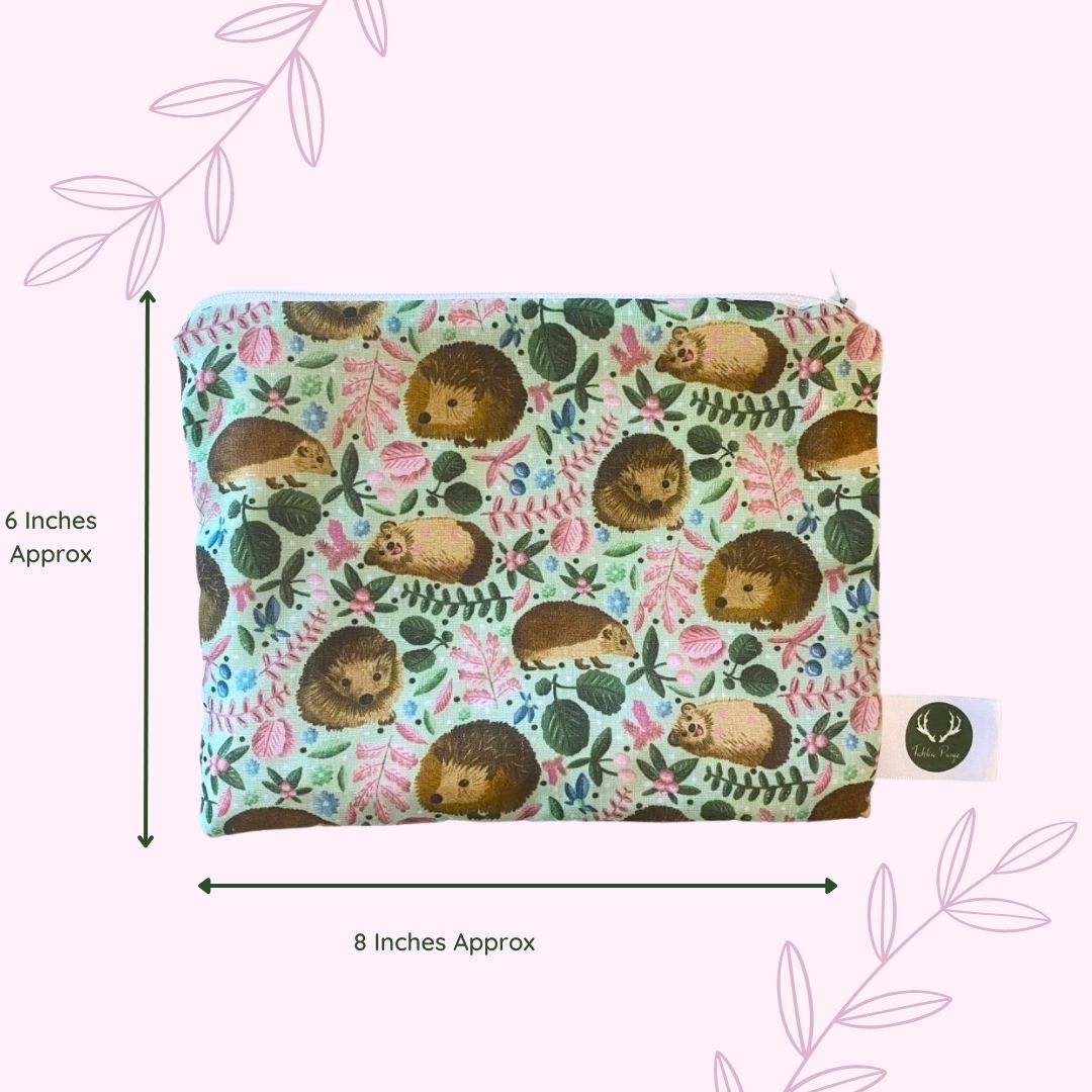 size of the hedgehog storage pouch, which make a great hedgehog gift for a hedgehog lover
