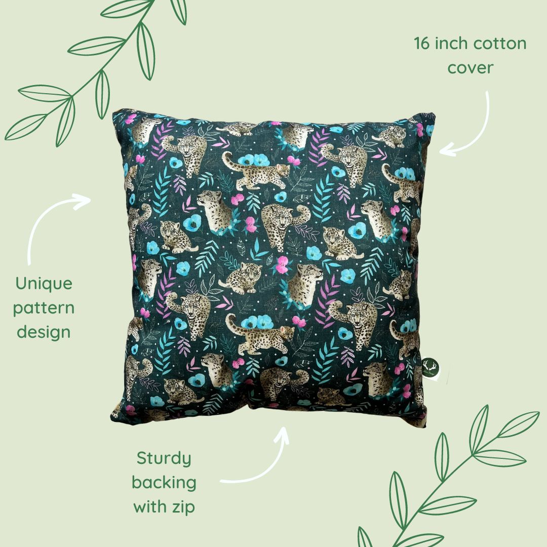features of the snow leopard cushion cover, ideal for someone who loves wild animals and wild animal gifts.