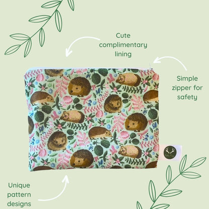 features of a hedgehog storage pouch, ideal for a hedgehog lover as a hedgehog gift