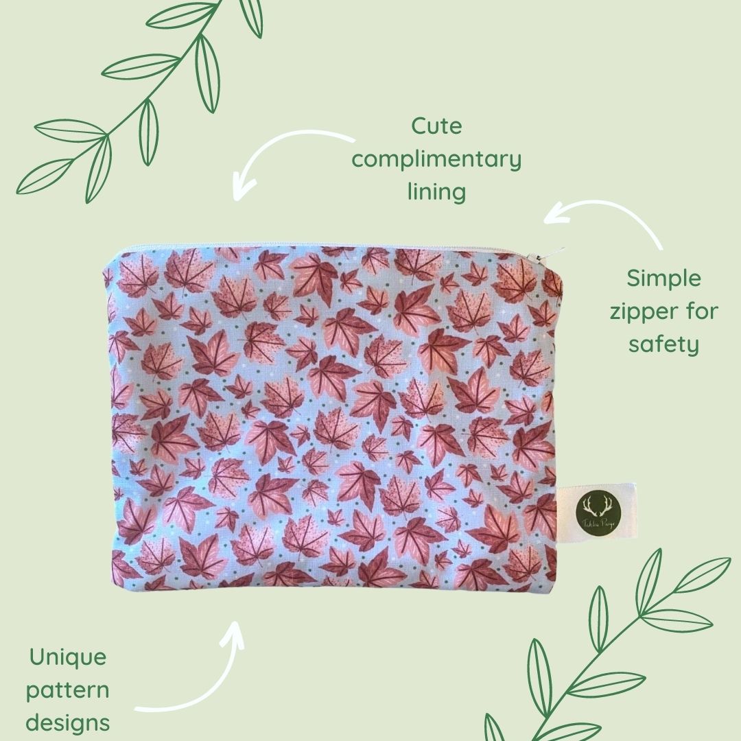 features of the pink leafy storage pouch, with the pink surface pattern design, ideal for a storage gift for her and perfect for a makeup bag or pencil case