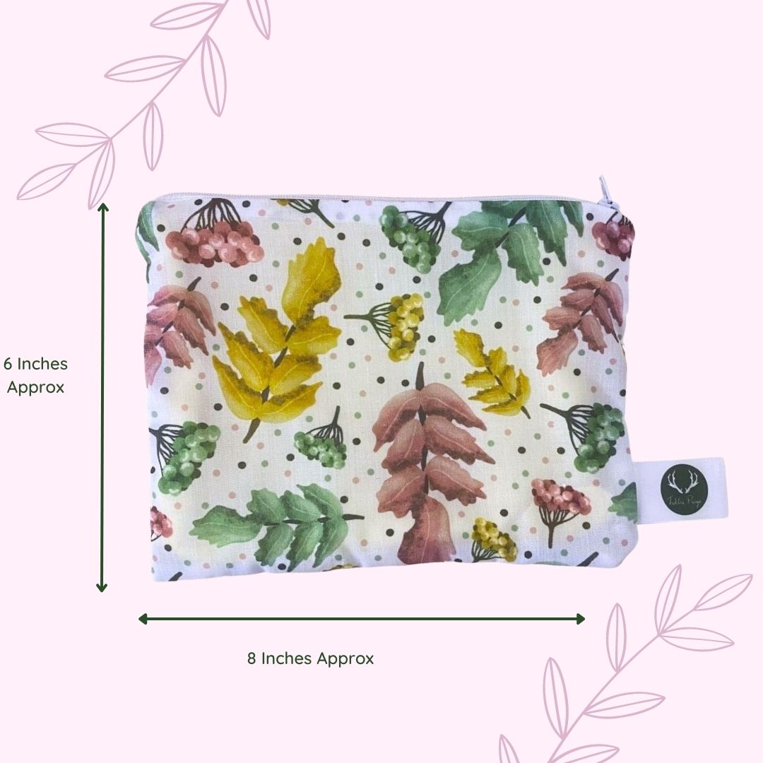 size of the pretty foliage storage pouch, ideal as a makeup bag gift for a makeup lover