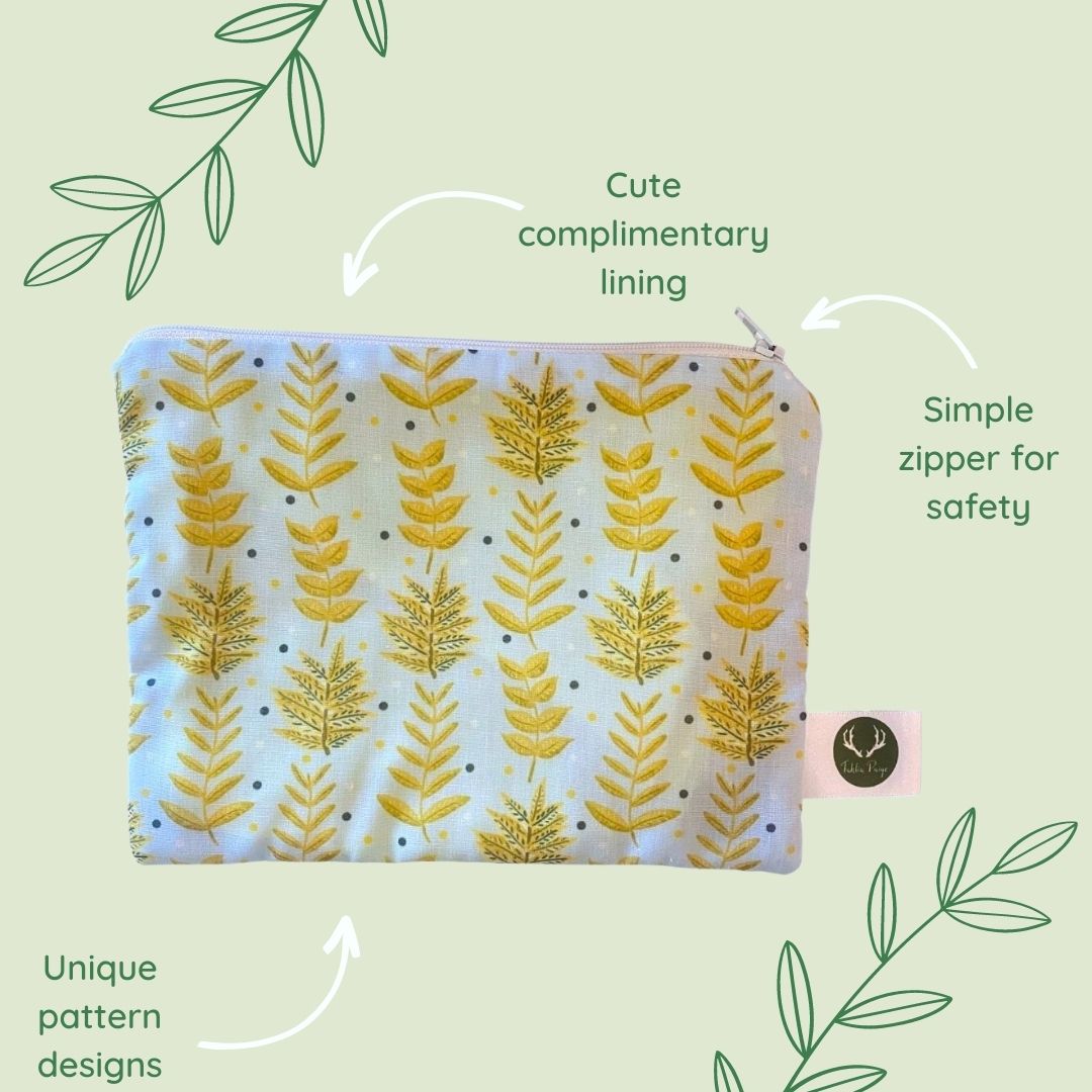 features of the yellow foliage storage pouch, which makes a great gift for you as a cosmetic bag for handbags.