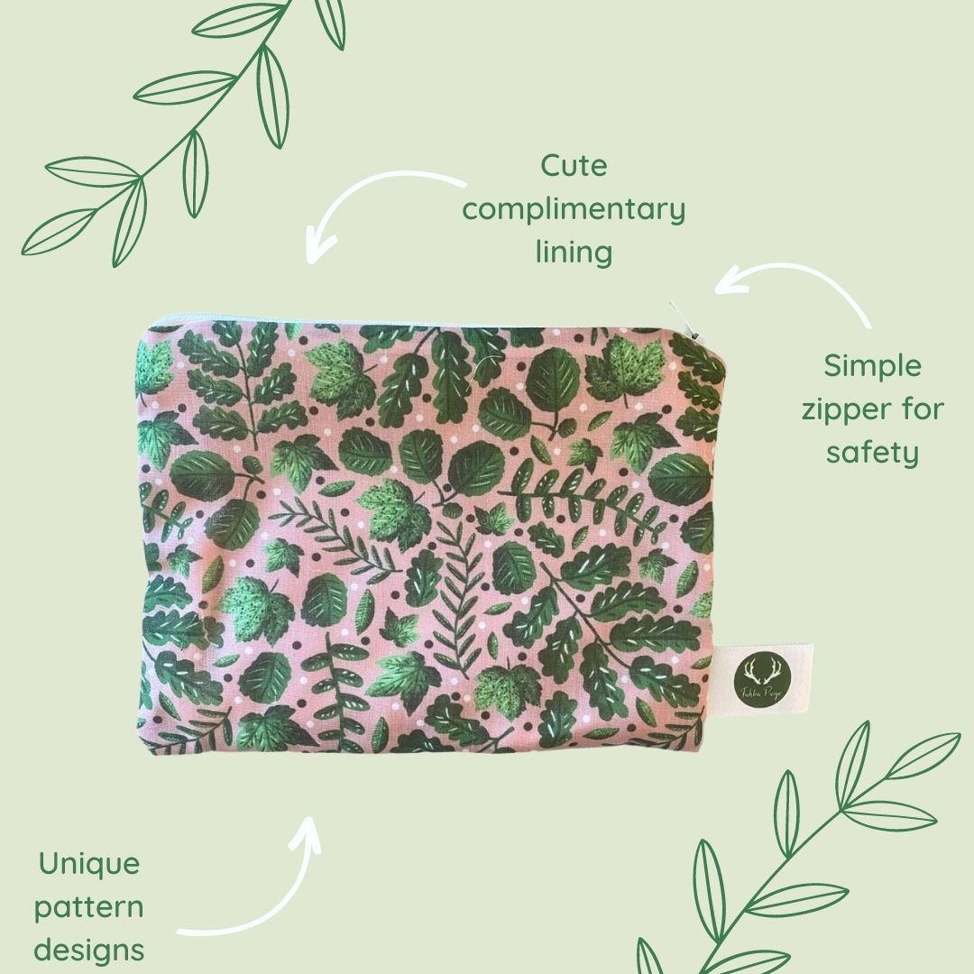 features of our cosmetic bag gift include a lining, a simple zipper and a unique green leafy pattern design. Ideal for a nature lover and handmade in Wales.