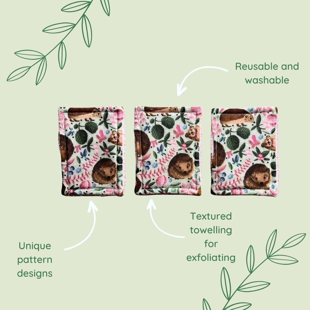 Features of the hedgehog accessories, including textured towelling and washable. These exfoliating pads are ideal gifts for animal lovers