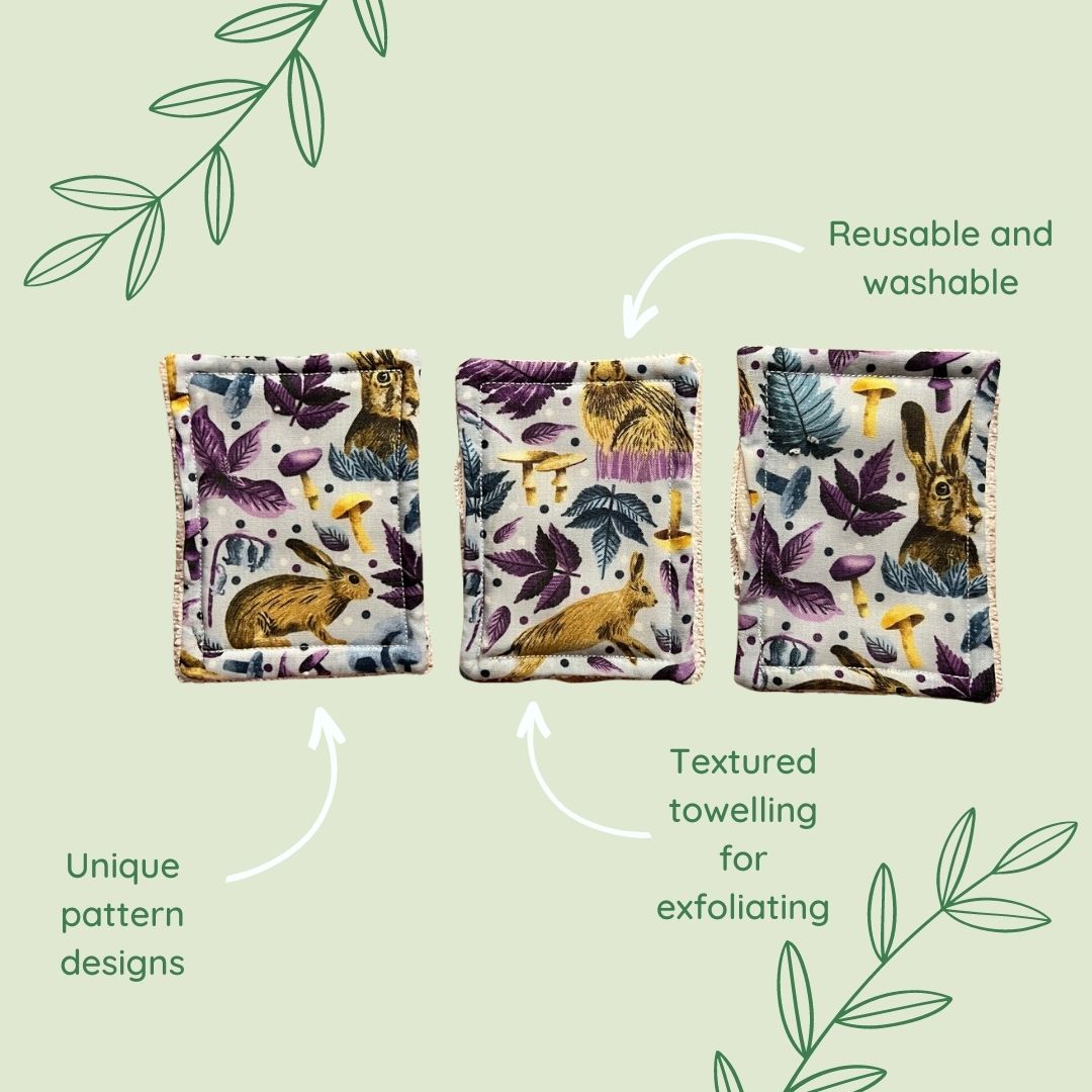 features of exfoliating face pads seen here with the hare pattern. These are great as a reusable skincare gift, ideal for someone who enjoys rabbit accessories