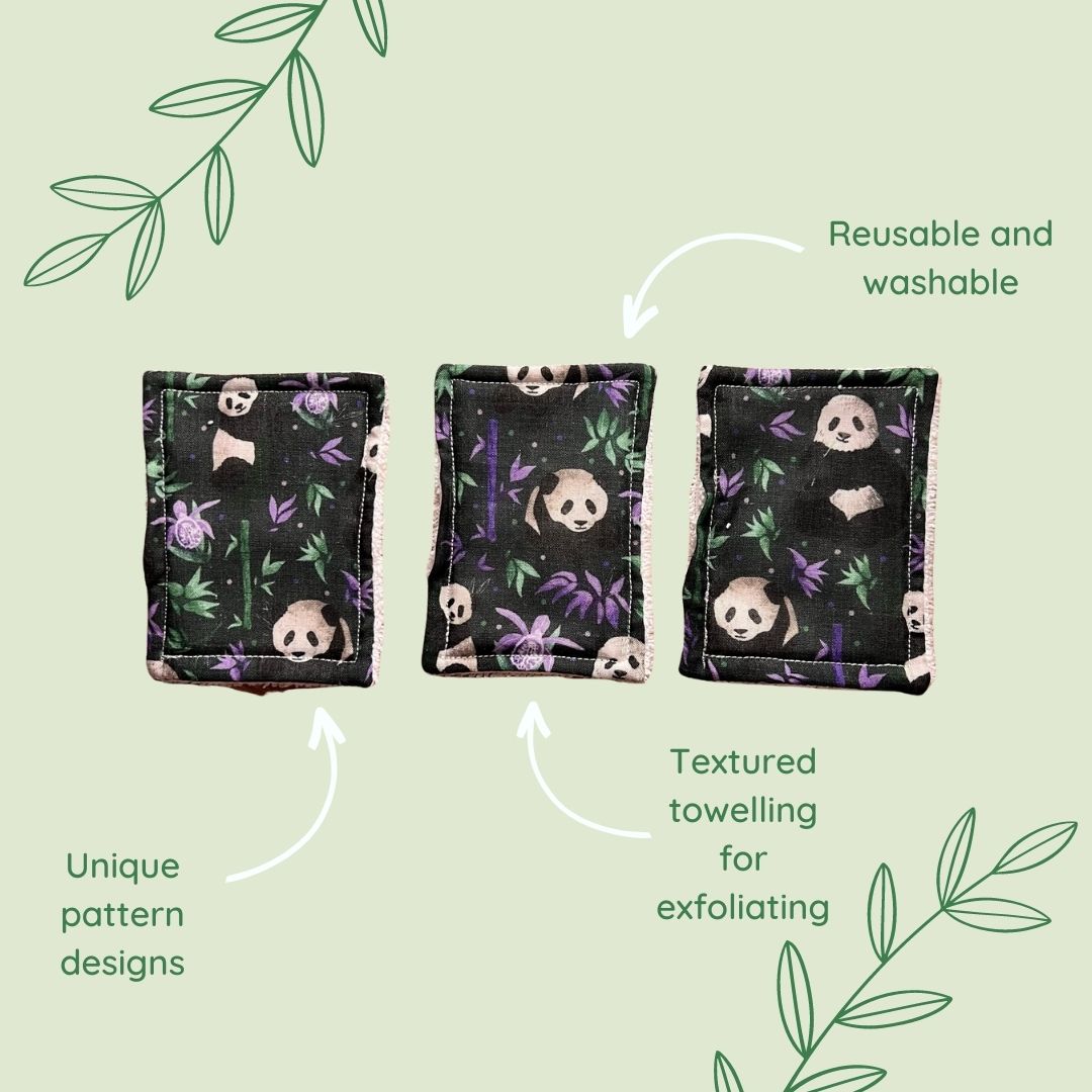 features of the panda exfoliating face pads, including textured towelling and reusable and washable. Shop a panda gift for girlfriend today, as you browse our panda gift ideas.
