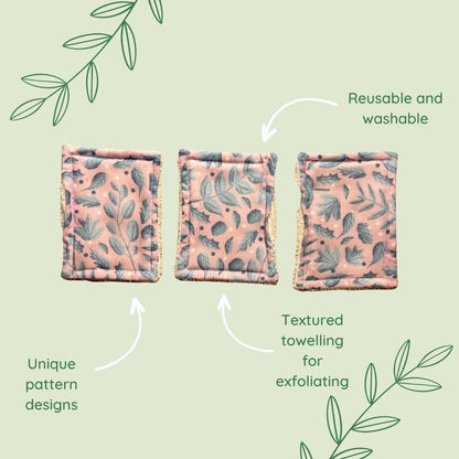 features of these foliage patterrn exfoliating pads, ecofriendly alternatives to a skincare routine, these work great as a spa day gift or as a self care gift ideas set.