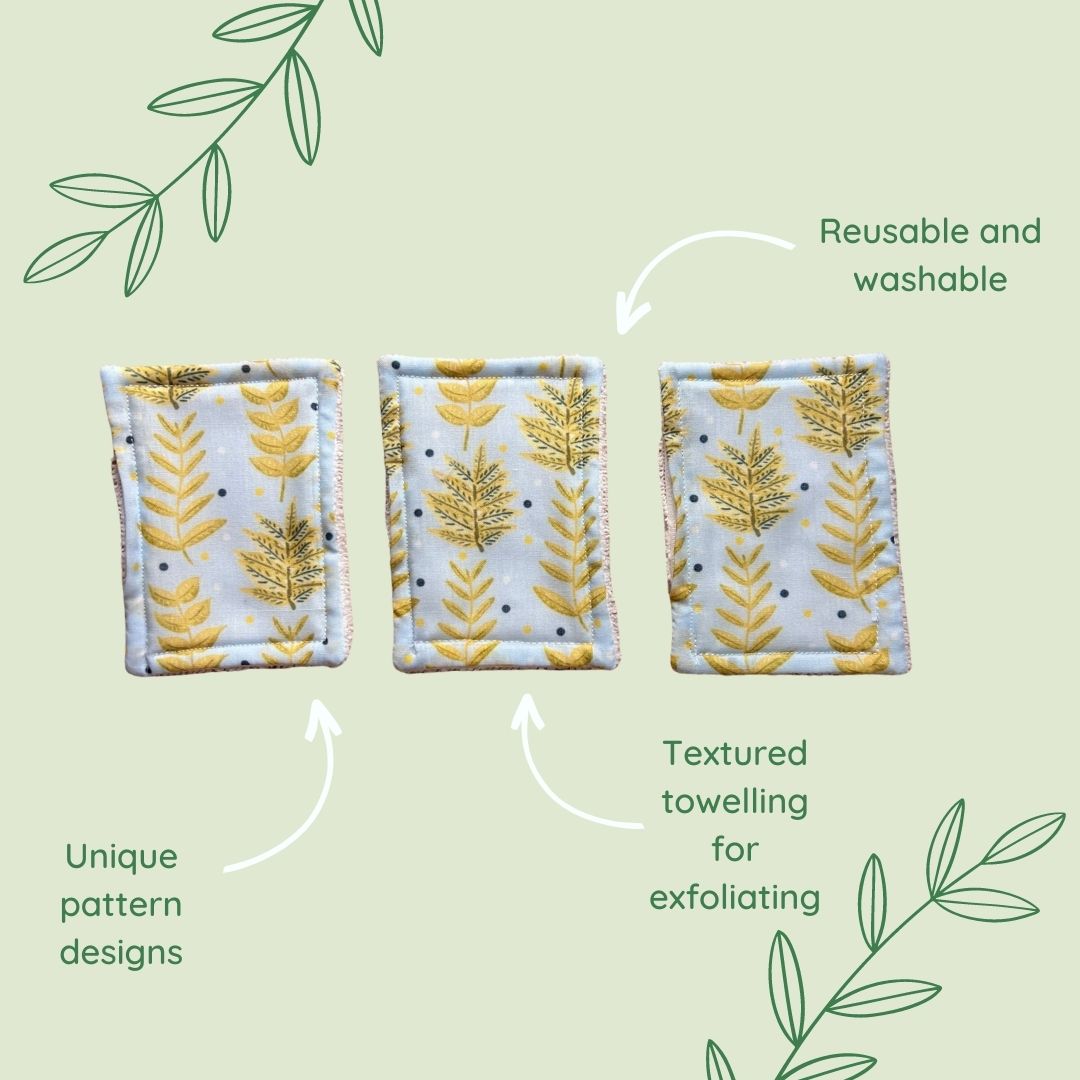 features of the nature lover exfoliating pads, featuring yellow leaves on them. These are great skincare gifts, and help answer the question of is self care important?