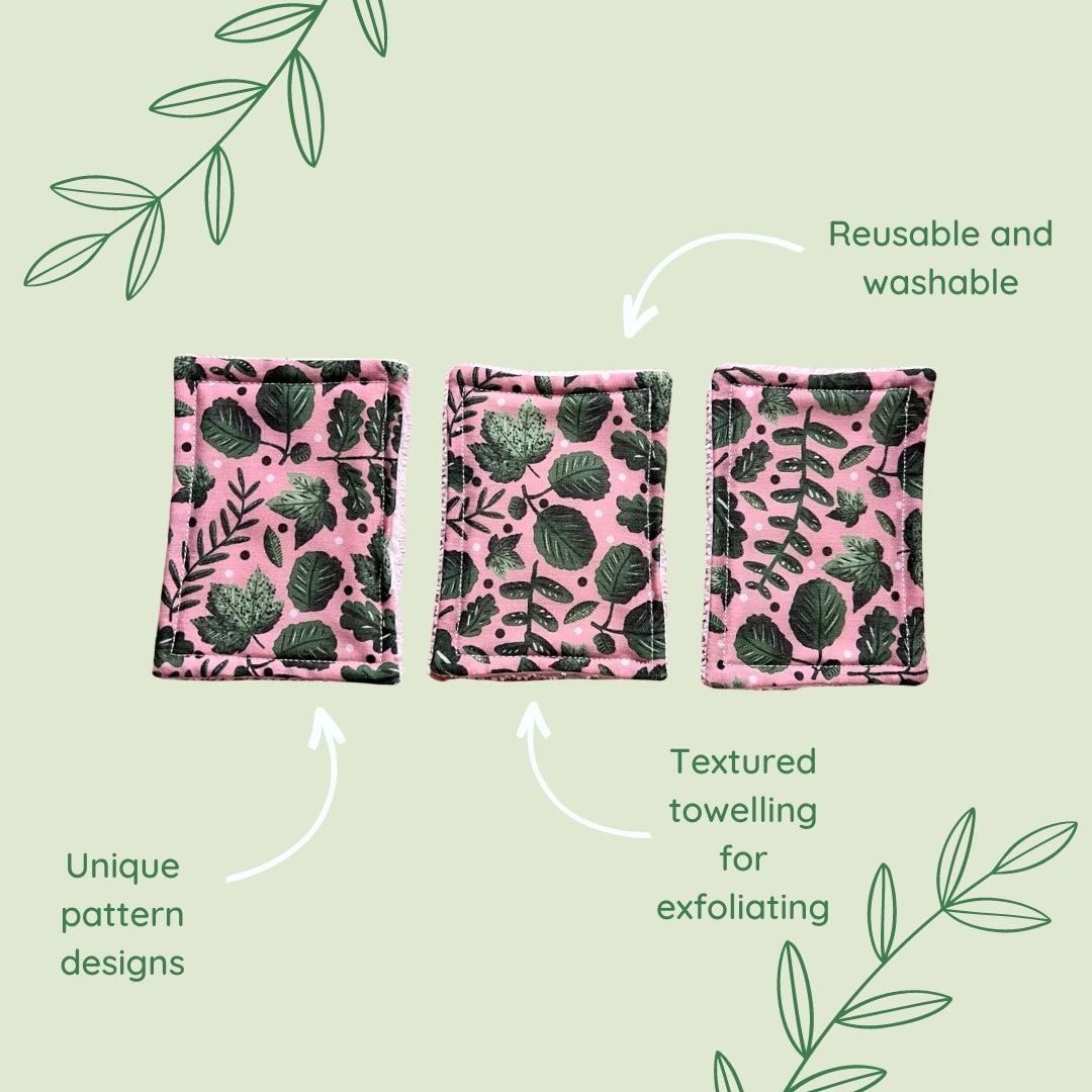 features of the green foliage exfoliating pads, including reusable and washable, making them great eco friendly alternatives to cotton pads if you use cotton pads to remove makeup.