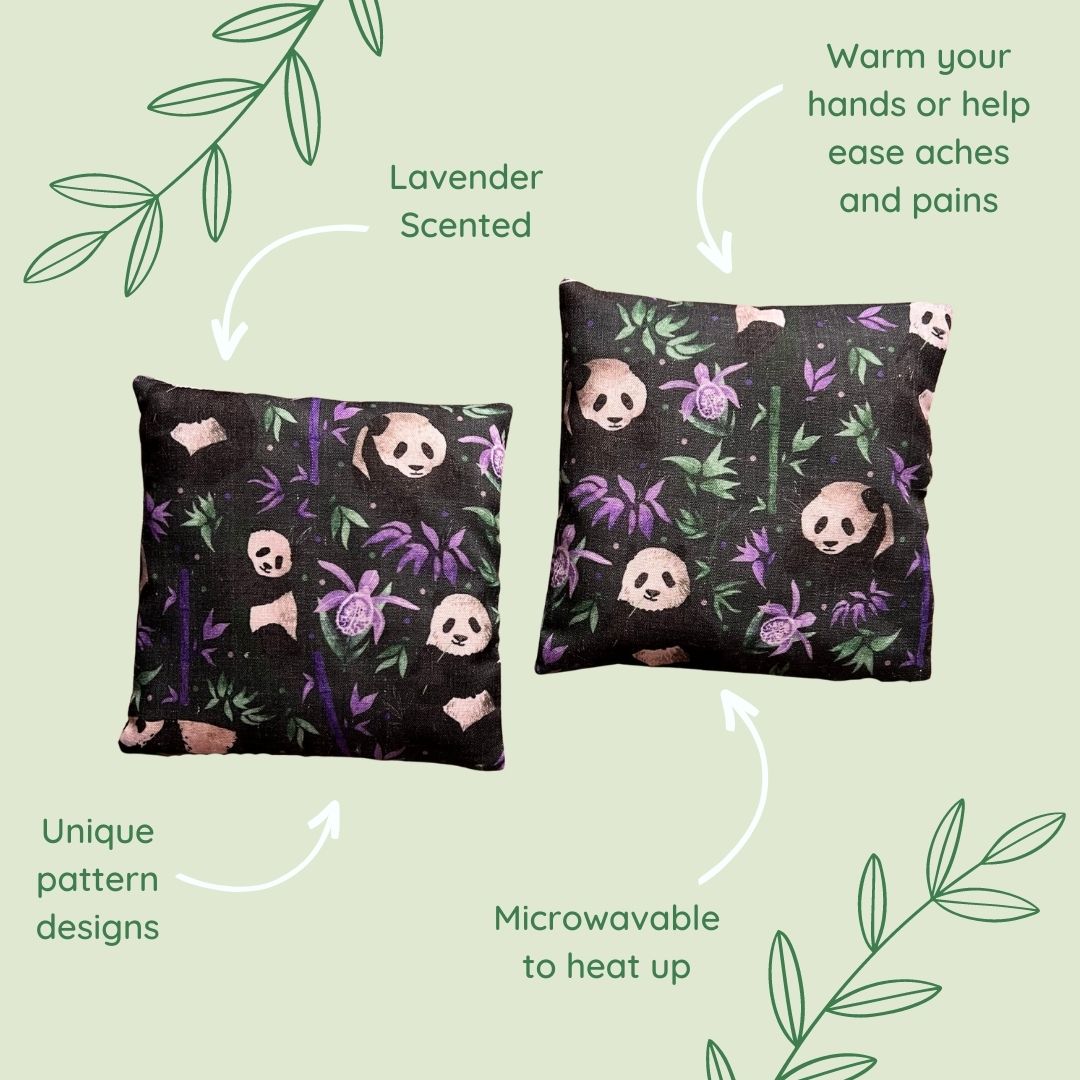 image showing features of panda hand warmers, a cute gift for panda lovers and a hand warmers gift set idea.
