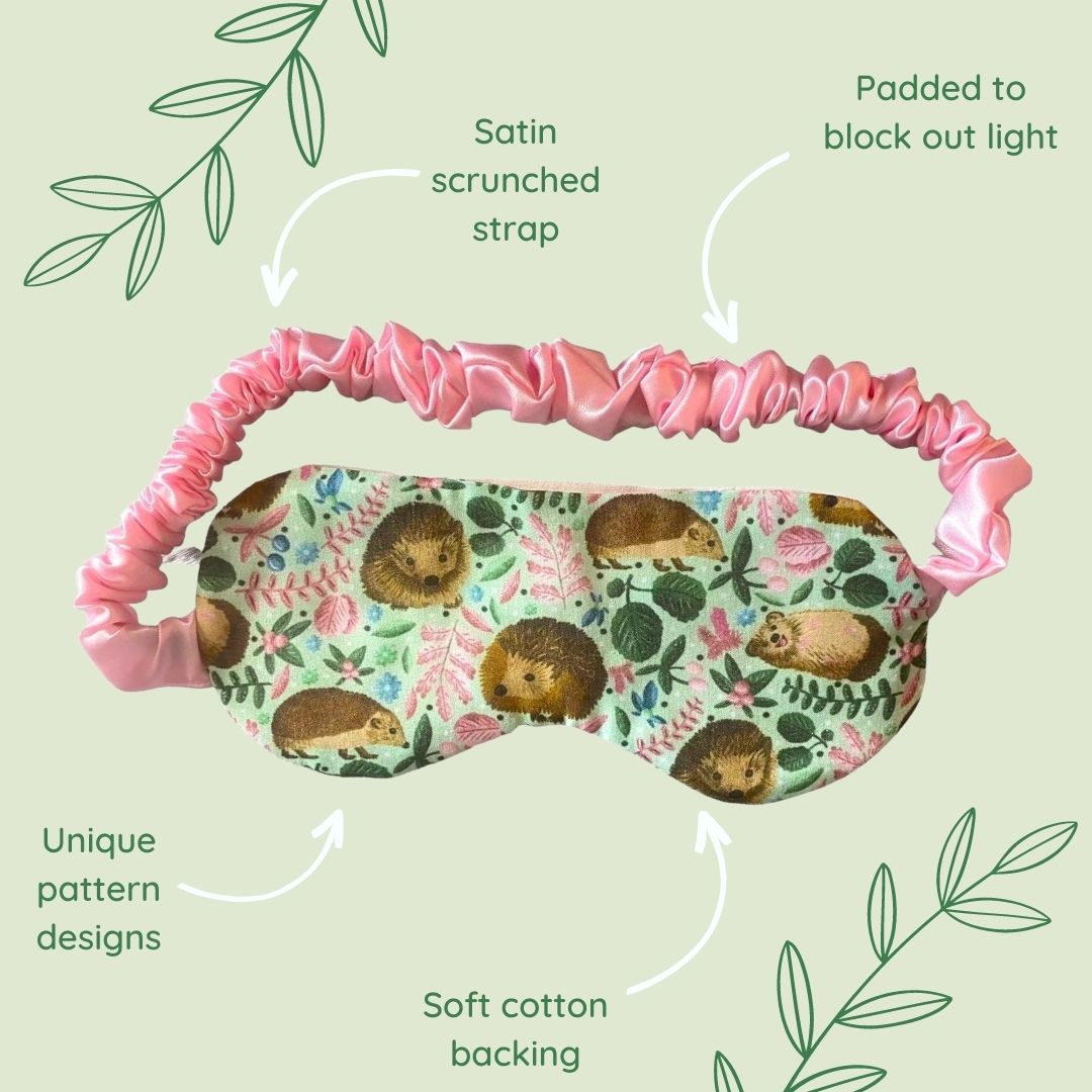 Close-up of a hedgehog sleep mask, designed for relaxation and better sleep quality