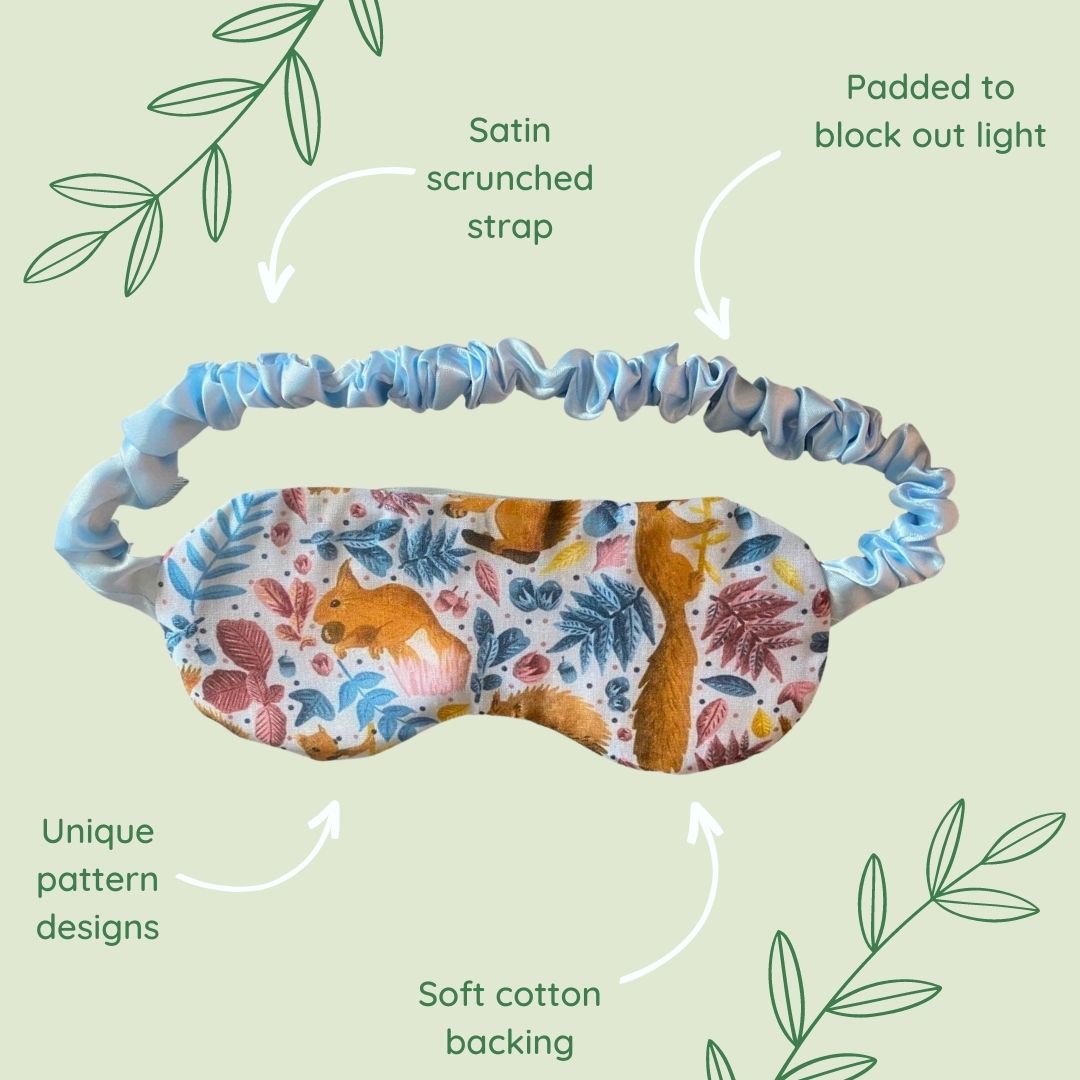 Charming red squirrel sleep mask, ideal for yoga and handmade Welsh gifts