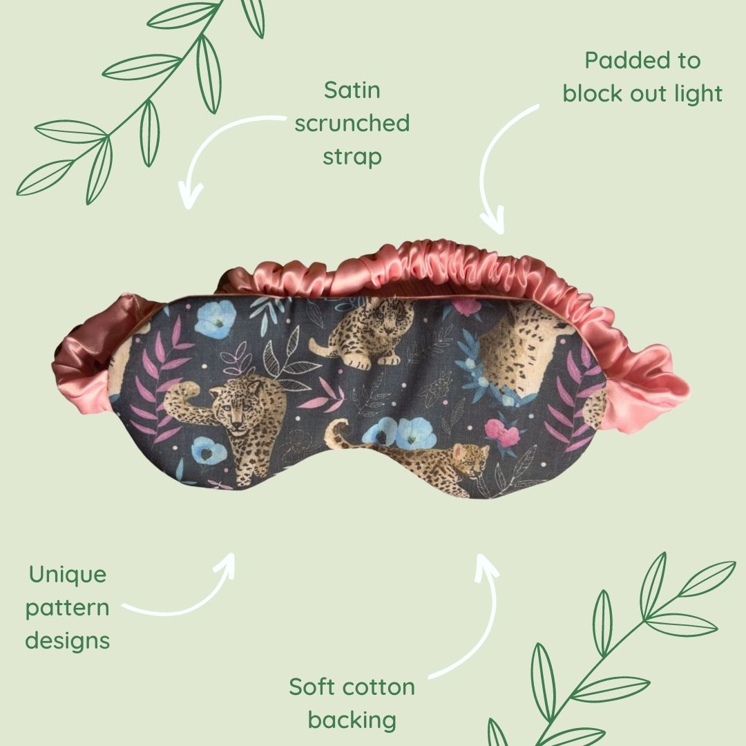 Cotton sleep mask with snow leopard print, ideal for gifts.