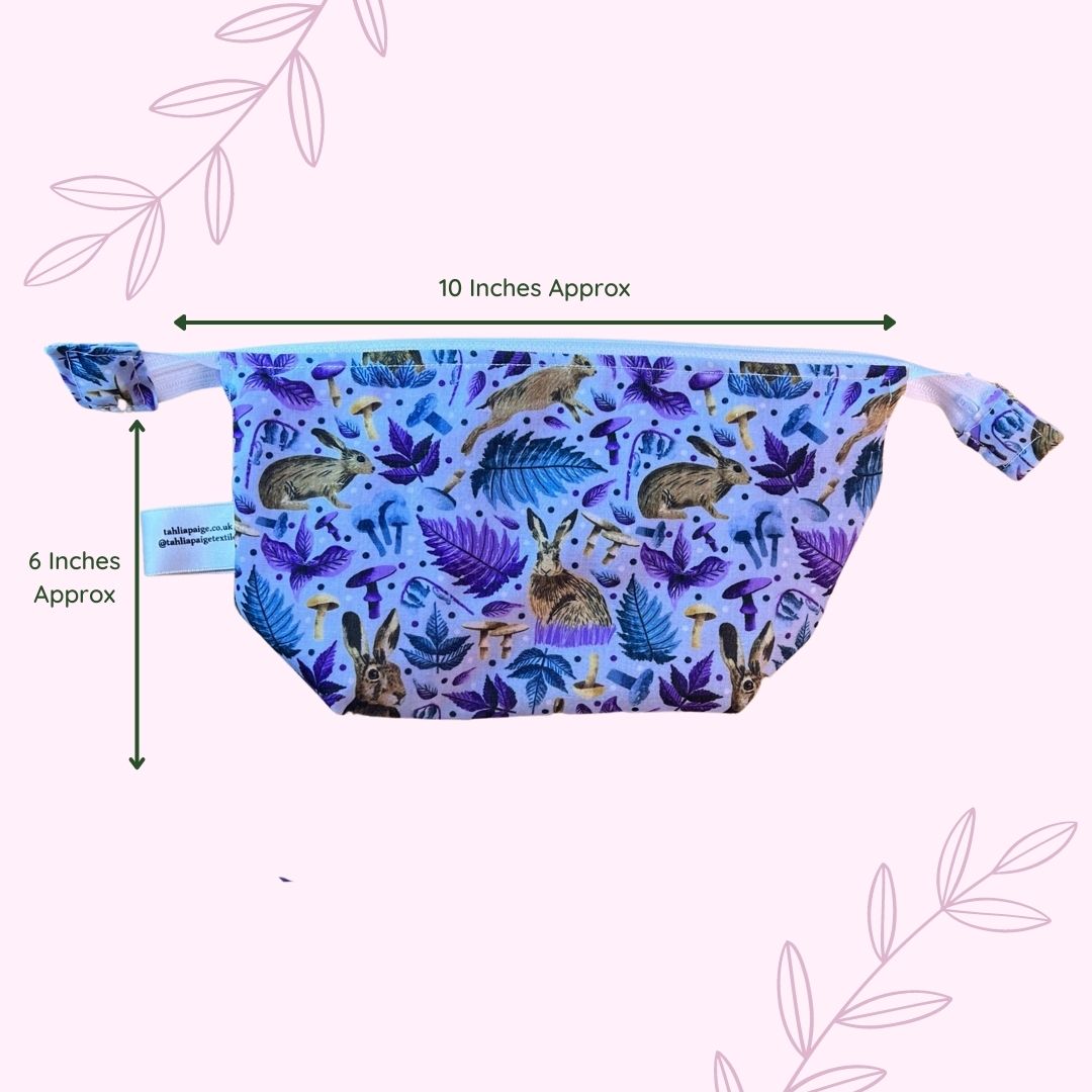 Detailed view of a hare makeup bag, a great fairy gift for adults and wildlife lovers.
