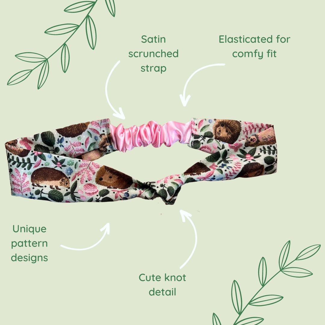 features of the Hedgehog Headband, cute hedgehog accessories for the hair with a green pattern and pink satin scrunch at the back.