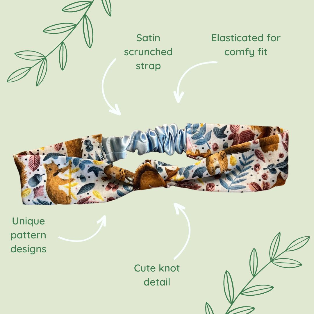 features of the squirrel headband with blue satin on the back, a great hair accessories gift.