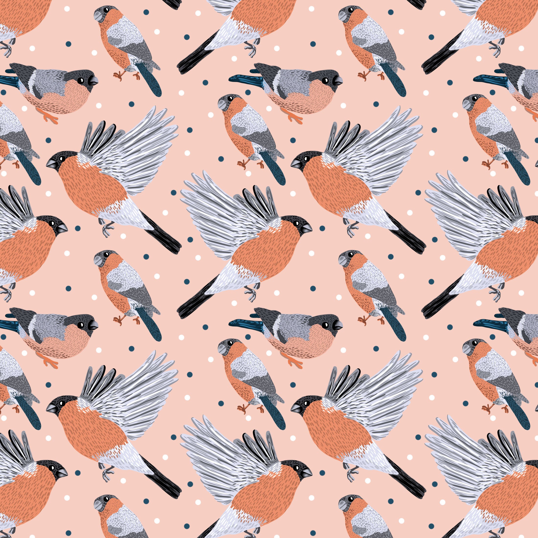 bullfinch garden bird seamless repeat design