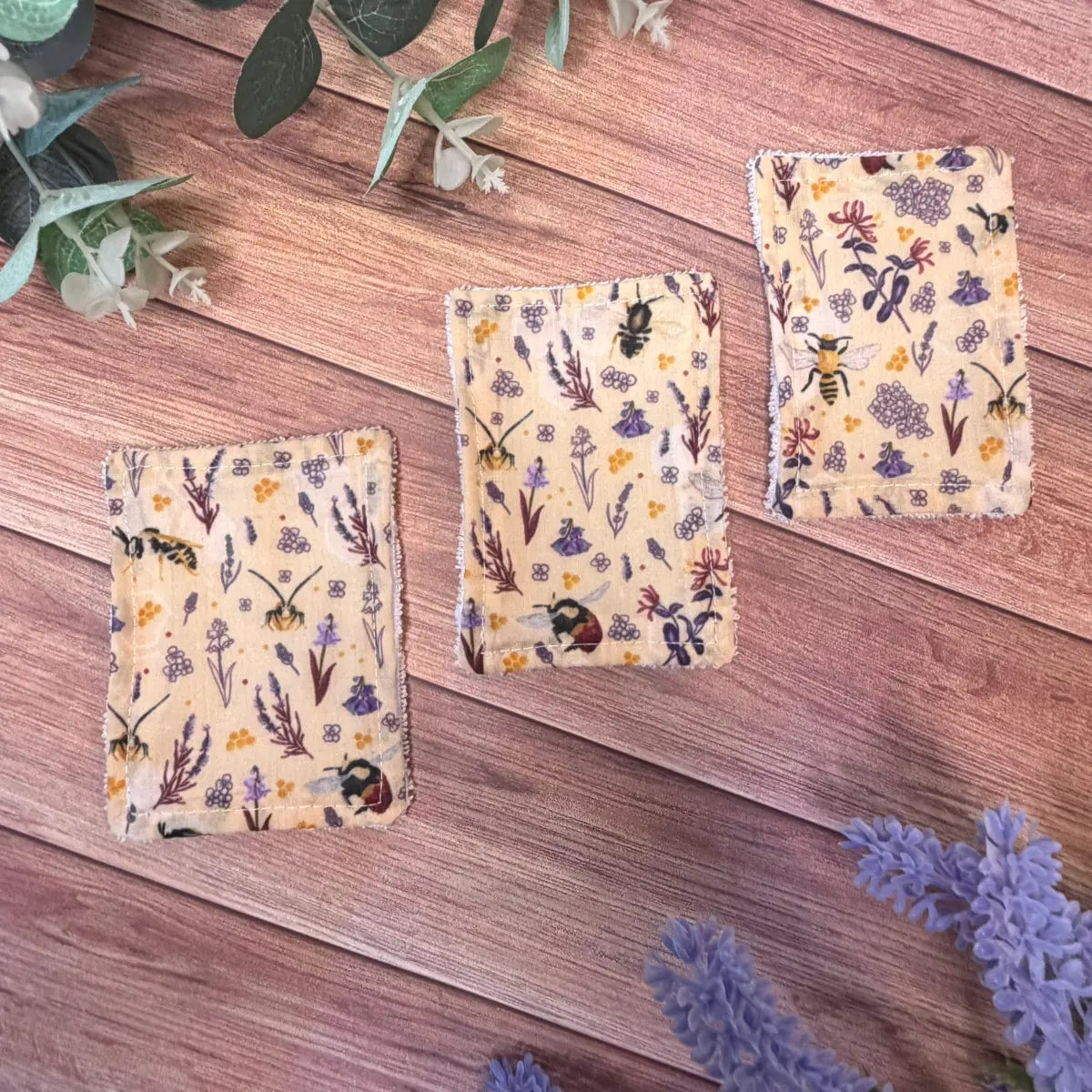 Bee themed items including reusable skincare pads with textured cotton towelling.
