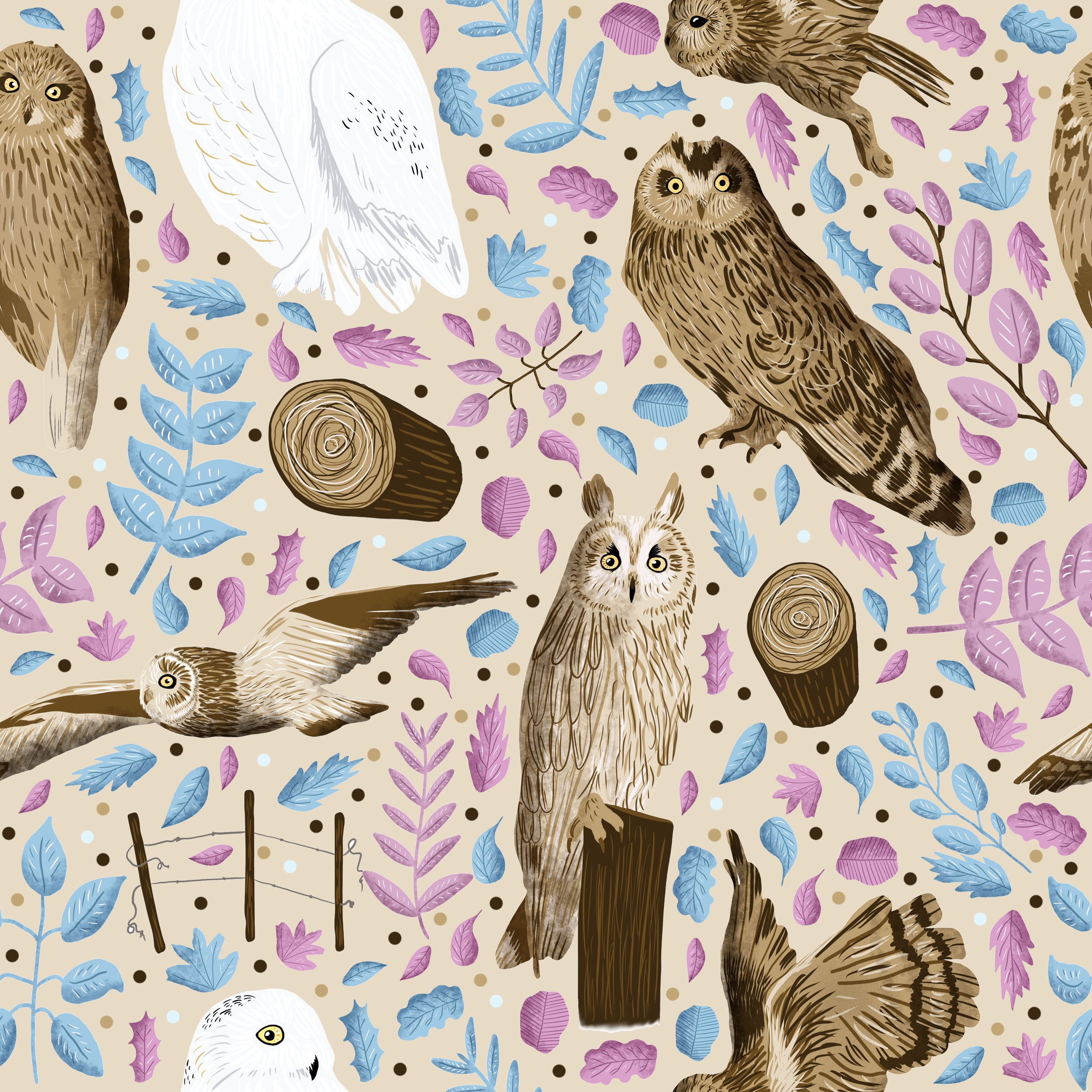 British birds of prey owls in a surface pattern design