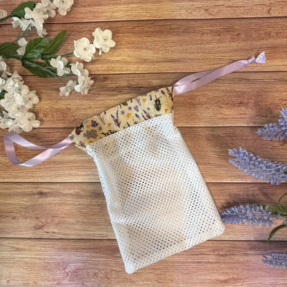 Handmade bee laundry wash bag featuring original Tahlia Paige bee illustrations.
