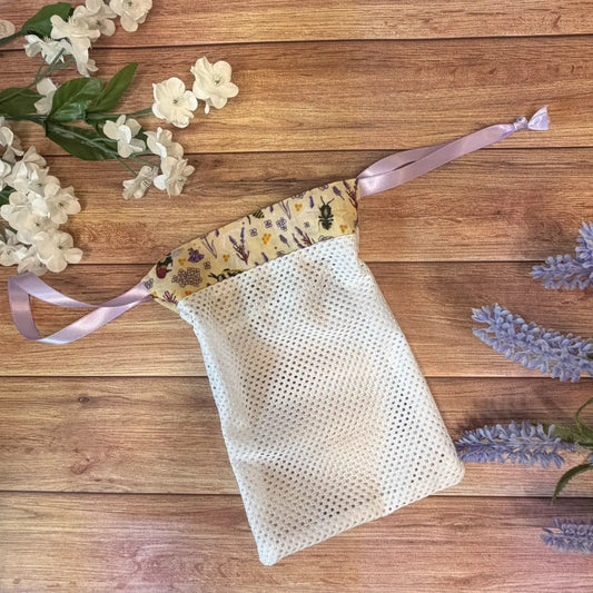 Handmade bee laundry wash bag featuring original Tahlia Paige bee illustrations.
