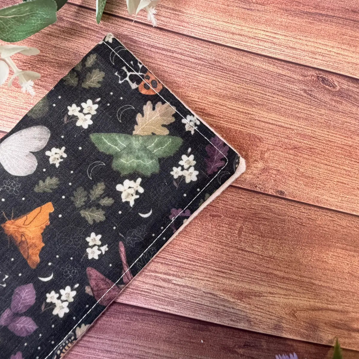 Handmade moth facial washcloth made using soft printed avio cotton and brushed cotton.
